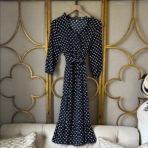 Chic Navy Polka Dot Long Sleeve Dress